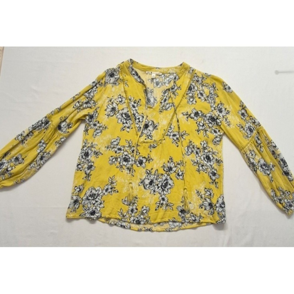 Seven7 women's yellow floral print long sleeve peasant blouse LG tassel v-neck